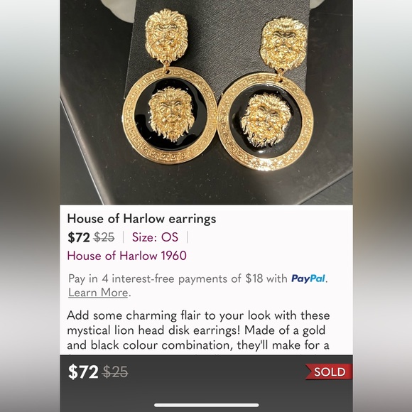 House of Harlow 1960 🔥Lion Head Black Gold Dangle Earring - Picture 4 of 6